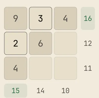 A partially solved Crossums grid — rows and columns with target sums, two already satisfied