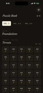 Crossums puzzle book screen — chapter grid showing puzzle numbers and diamond progress for Volume I