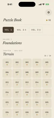 Crossums puzzle book screen — chapter grid showing puzzle numbers and diamond progress for Volume I