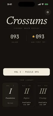Crossums home screen — puzzles solved, first-try diamond count, and your puzzle book library by volume