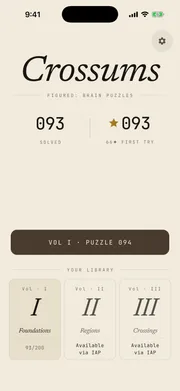 Crossums home screen — puzzles solved, first-try diamond count, and your puzzle book library by volume
