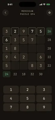 Crossums puzzle screen — a 5×5 grid with row and column target sums and a number pad