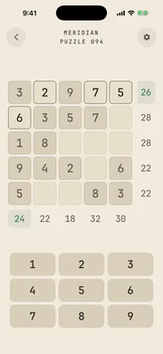 Crossums puzzle screen — a 5×5 grid with row and column target sums and a number pad