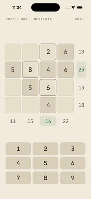 Crossums puzzle screen — a 4×4 grid with row and column target sums and a number pad