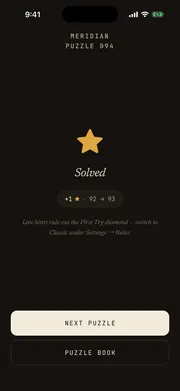 Crossums solved screen — puzzle complete with a first-try diamond and a next puzzle button