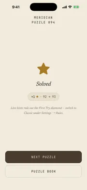 Crossums solved screen — puzzle complete with a first-try diamond and a next puzzle button