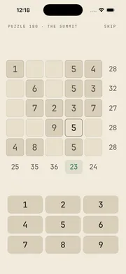 Crossums puzzle screen — a 5×5 grid with row and column target sums and a number pad