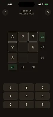 Crossums puzzle screen — a 3×3 grid with row and column target sums and a number pad