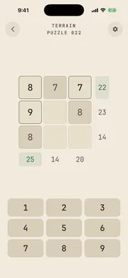 Crossums puzzle screen — a 3×3 grid with row and column target sums and a number pad