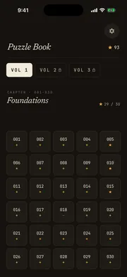 Sequences puzzle book screen — chapter grid showing puzzle numbers and diamond progress for Volume I