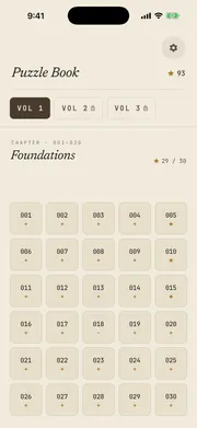 Sequences puzzle book screen — chapter grid showing puzzle numbers and diamond progress for Volume I