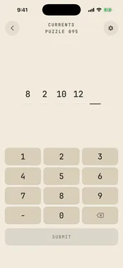 Sequences puzzle screen — puzzle 095, chapter 3 currents, guessing the fifth number in a sequence