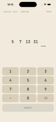 Sequences puzzle screen — puzzle 159, chapter 4 depths, guessing the next number in a sequence