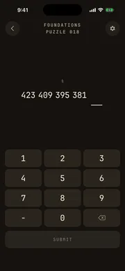 Sequences puzzle screen — puzzle 018, chapter 1 foundations, guessing the next number in a sequence