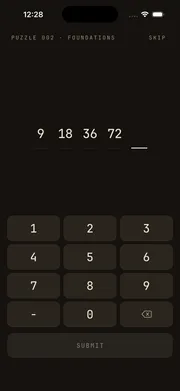 Sequences puzzle screen — puzzle 002, chapter 1 foundations, guessing the next number in a sequence