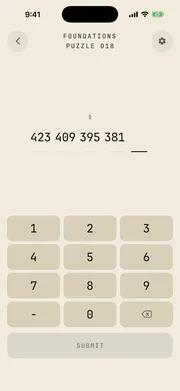Sequences puzzle screen — puzzle 018, chapter 1 foundations, guessing the next number in a sequence