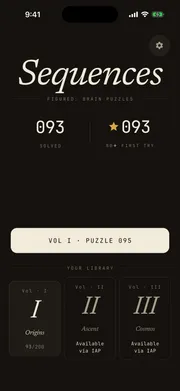Sequences home screen — puzzles solved, first-try diamond count, and your puzzle book library by volume