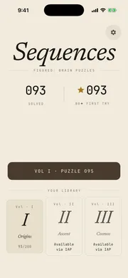 Sequences home screen — puzzles solved, first-try diamond count, and your puzzle book library by volume