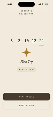 Sequences solved screen — puzzle complete with a first-try diamond and a next puzzle button